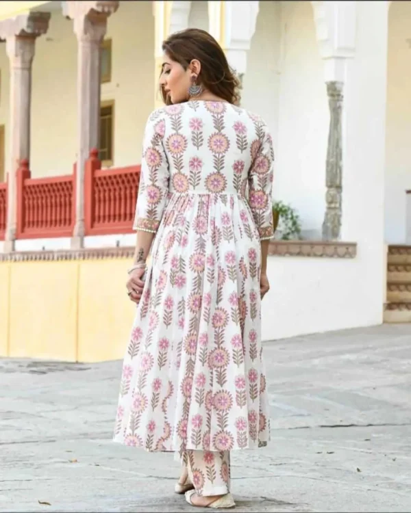 Cotton White Floral Kurti Pant Set