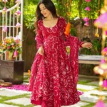 Red Cotton Full Flared Anarkali Suit Set​