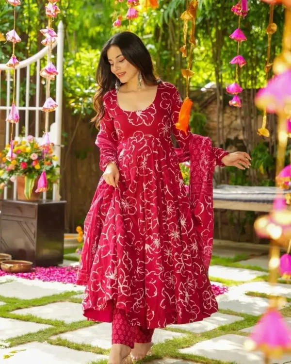 Red Cotton Full Flared Anarkali Suit Set​