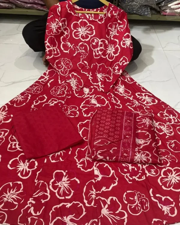 Red Cotton Full Flared Anarkali Suit Set​