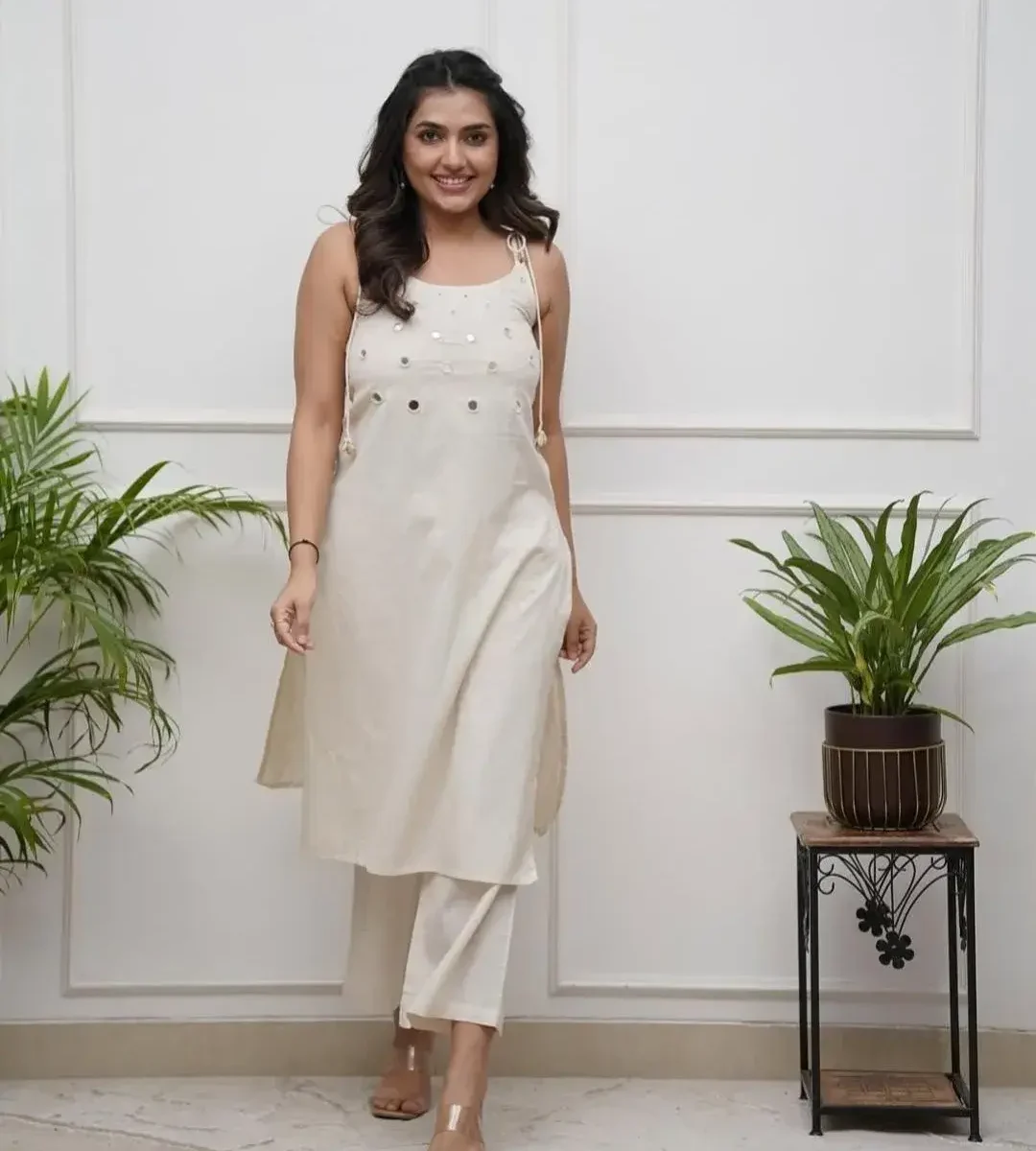 Off White Cotton Sleeveless Kurti Pant Set