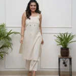 Off White Cotton Sleeveless Kurti Pant Set