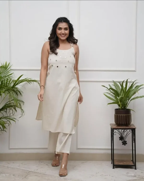Off White Cotton Sleeveless Kurti Pant Set