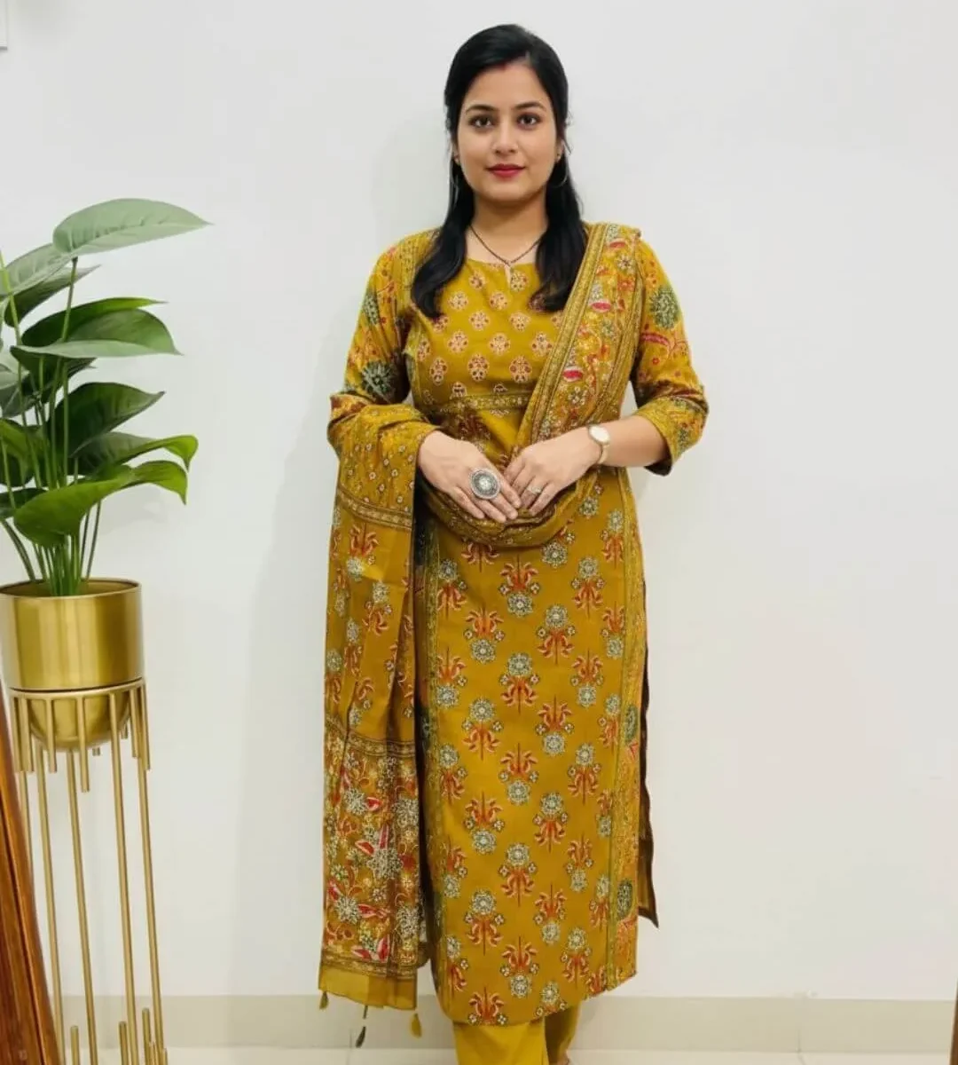 Printed Cotton Yellow Kurti Pant Dupatta Set