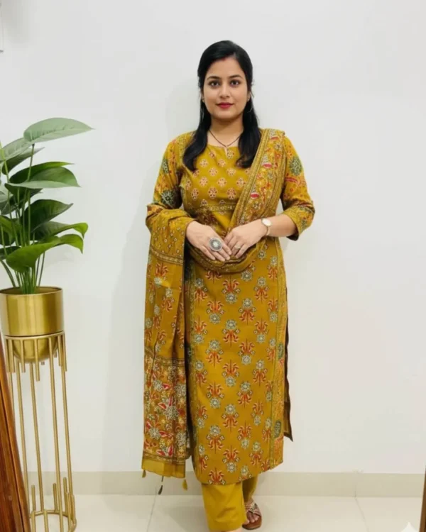 Printed Cotton Yellow Kurti Pant Dupatta Set