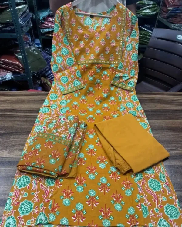 Printed Cotton Yellow Kurti Pant Dupatta Set