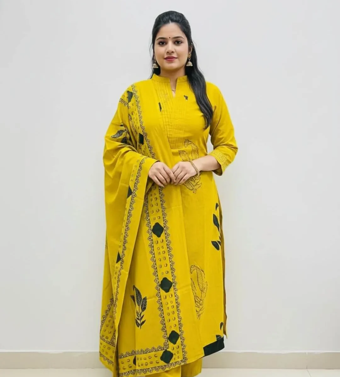 Yellow Printed Cotton Suit Set