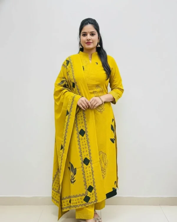 Yellow Printed Cotton Suit Set