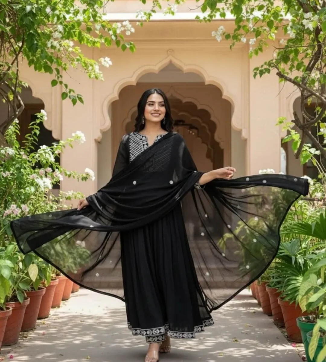 Black Cotton Printed Suit Set