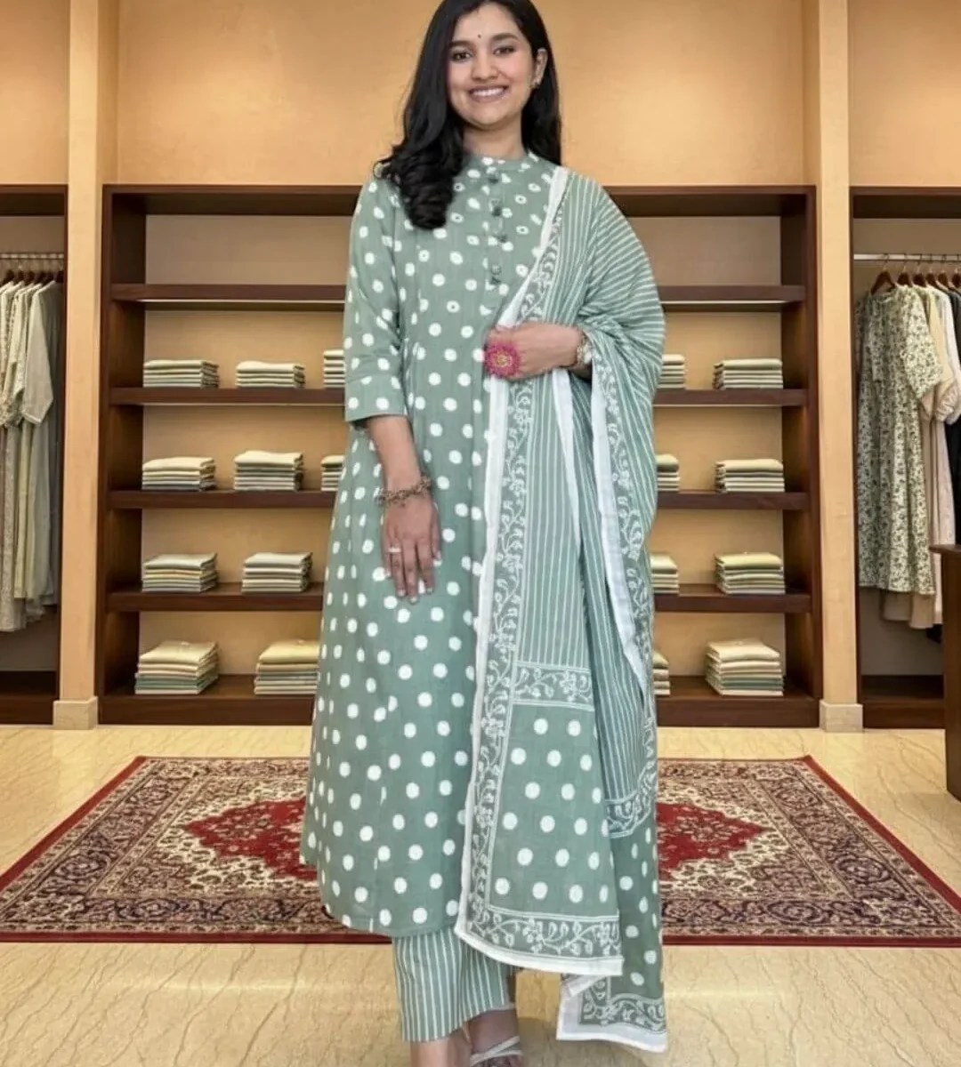 Green Printed Cotton Suit Set With Dupatta