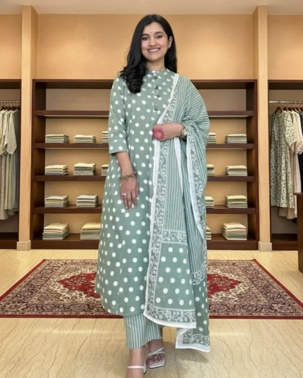 Green Printed Cotton Suit Set With Dupatta