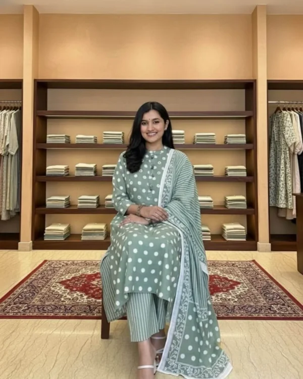 Green Printed Cotton Suit Set With Dupatta