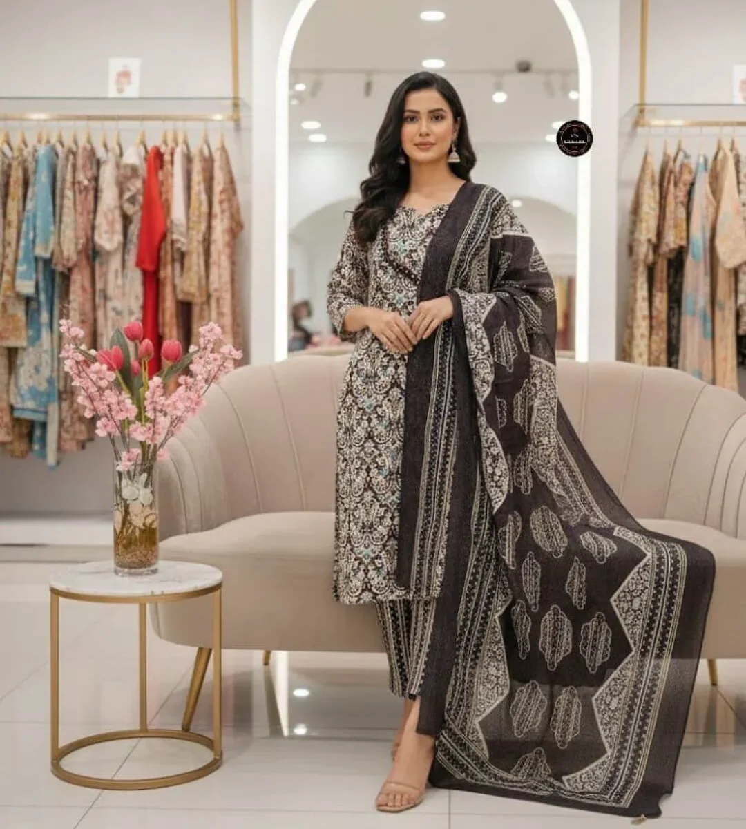 Printed Cotton Black Kurti Pant Dupatta Set