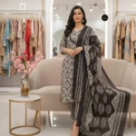 Printed Cotton Black Kurti Pant Dupatta Set