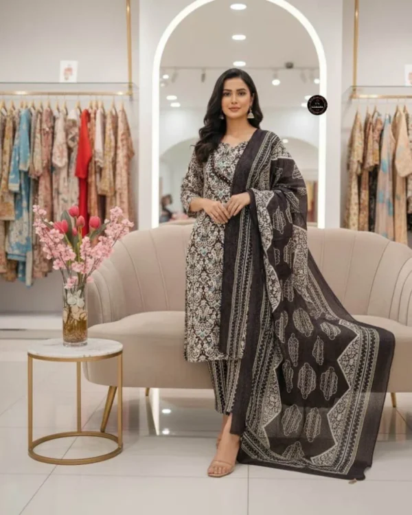 Printed Cotton Black Kurti Pant Dupatta Set
