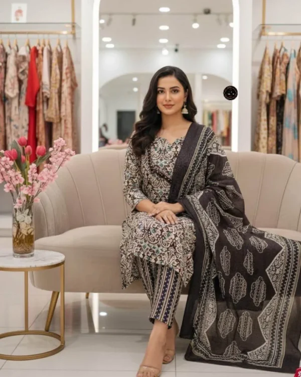Printed Cotton Black Kurti Pant Dupatta Set