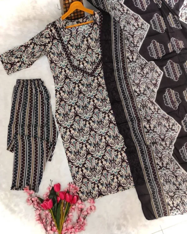 Printed Cotton Black Kurti Pant Dupatta Set