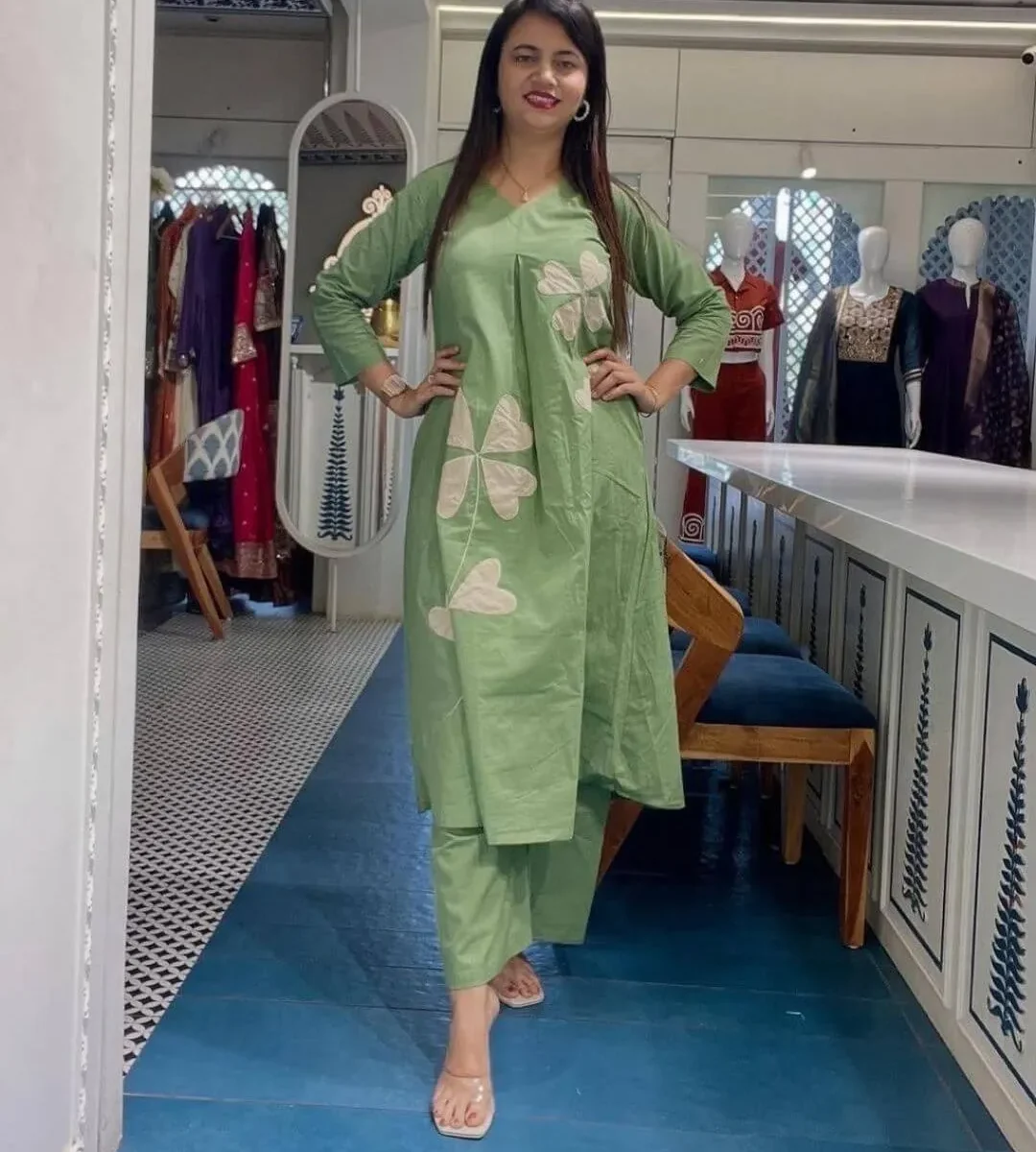 Green Color Kurti Pant Set For Office Wear