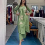 Green Color Kurti Pant Set For Office Wear