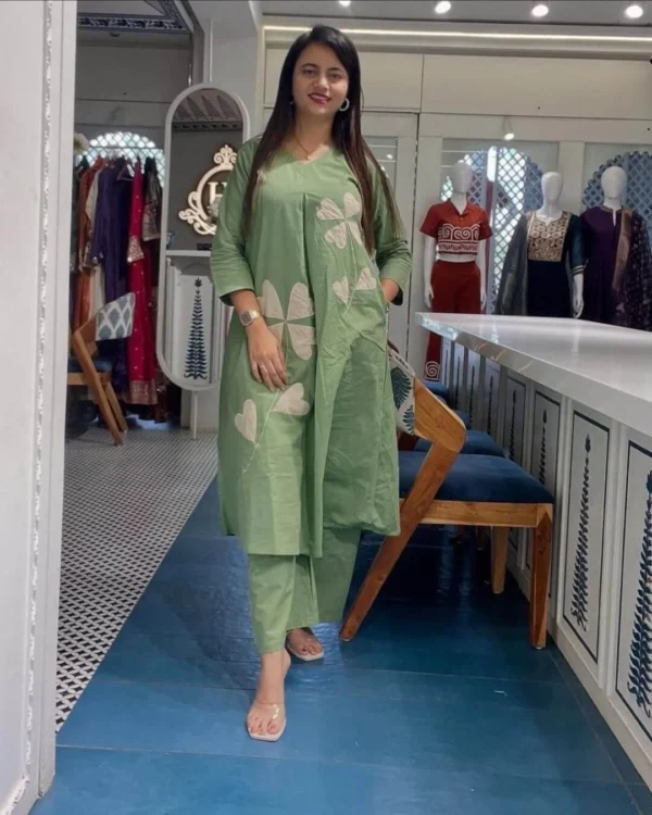 Green Color Kurti Pant Set For Office Wear