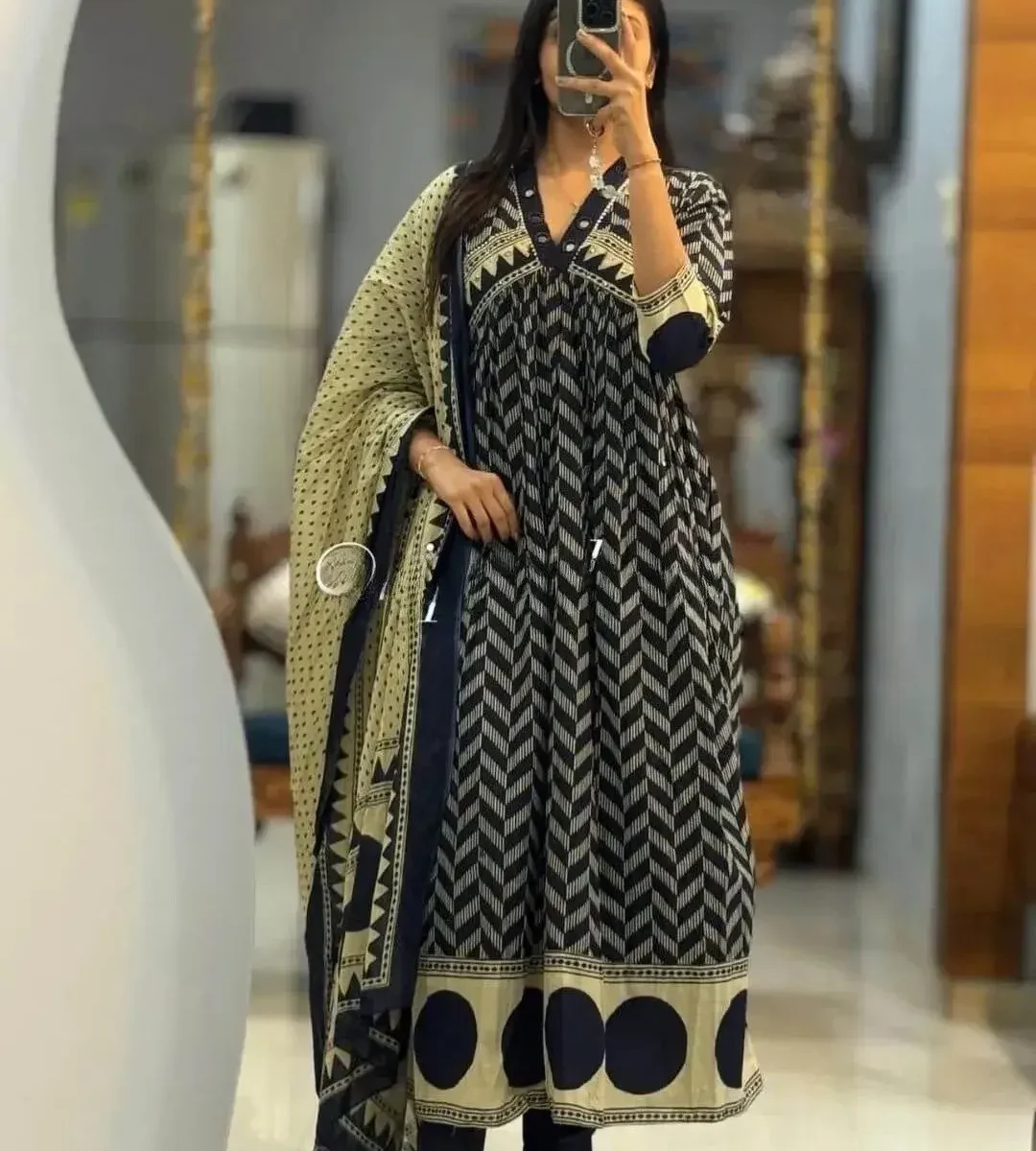 Printed Black Cotton Suit Set