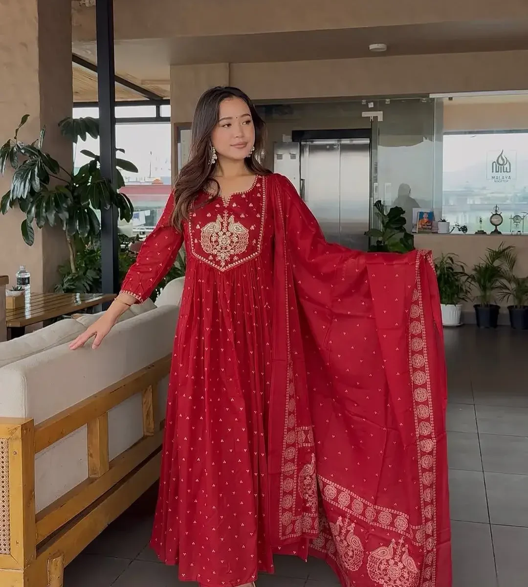 Printed Cotton Anarkali Suit Set