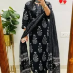 Printed Cotton Black Kurti Pant Dupatta Set
