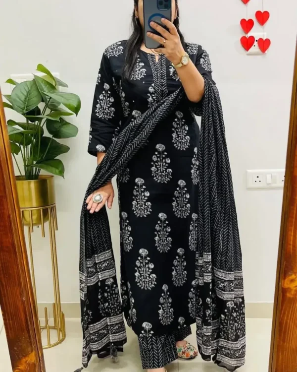 Printed Cotton Black Kurti Pant Dupatta Set