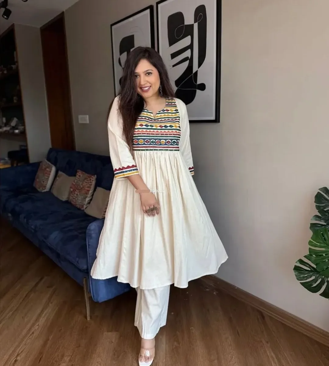 White Flared Kurti Pant Set
