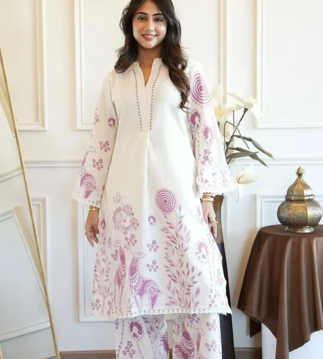 White Color Cotton Kurti Pant Set