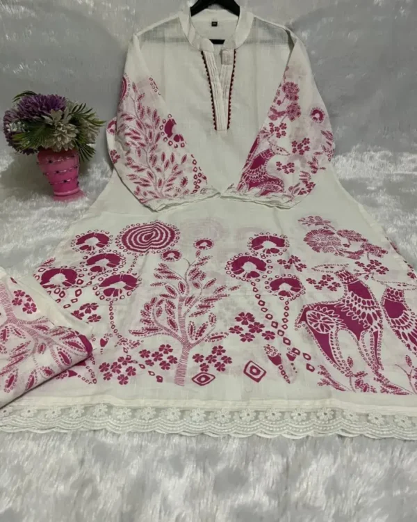 White Color Cotton Kurti Pant Set