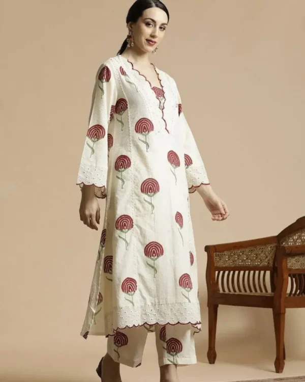 White Color Cotton Printed Kurti Pant Set 1