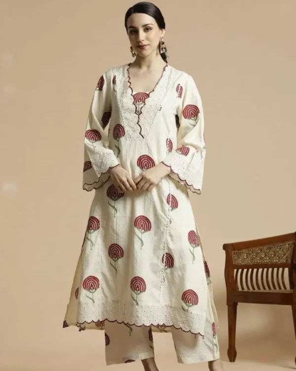 White Color Cotton Printed Kurti Pant Set