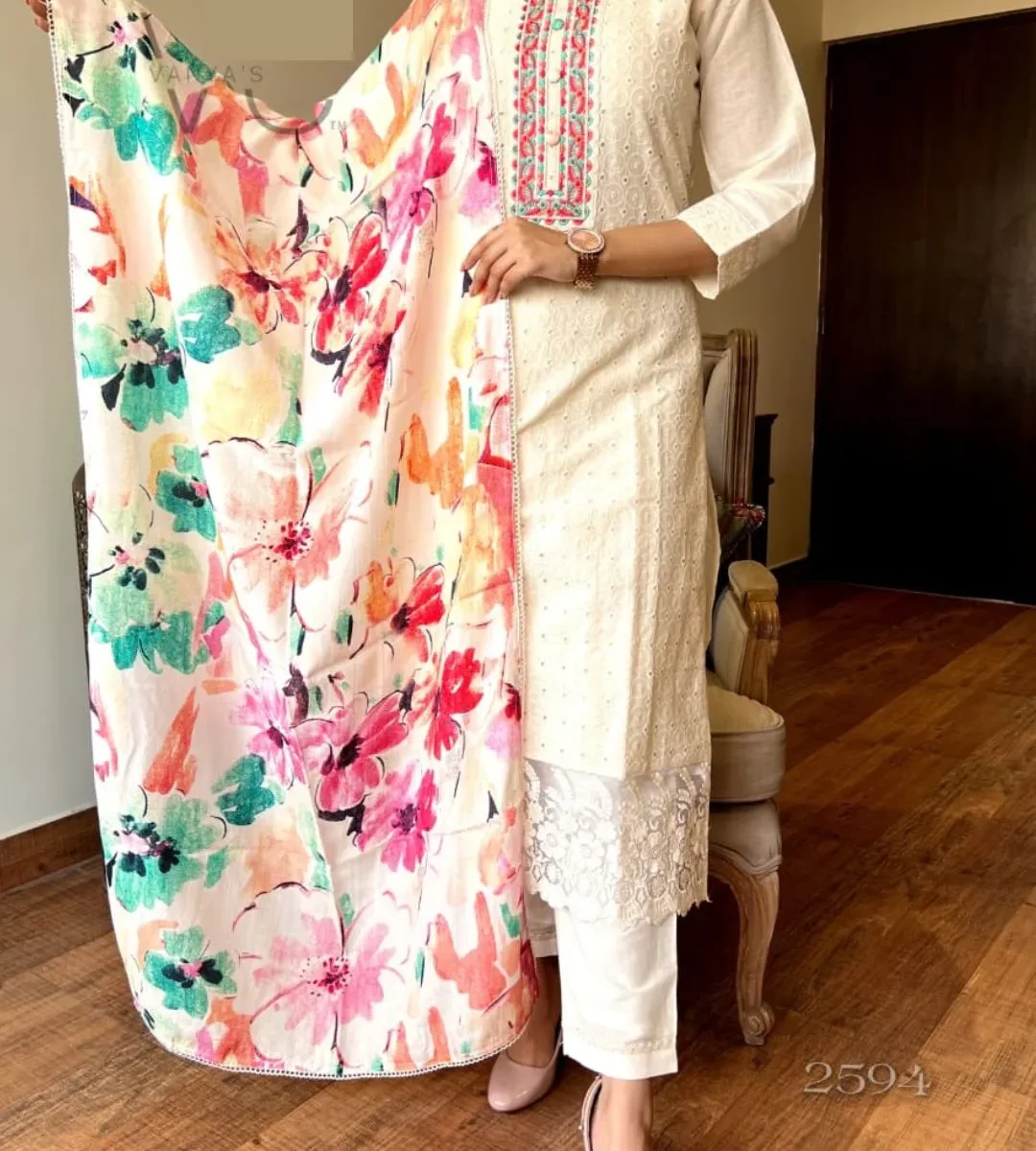 White Cotton Chikankari Suit Set