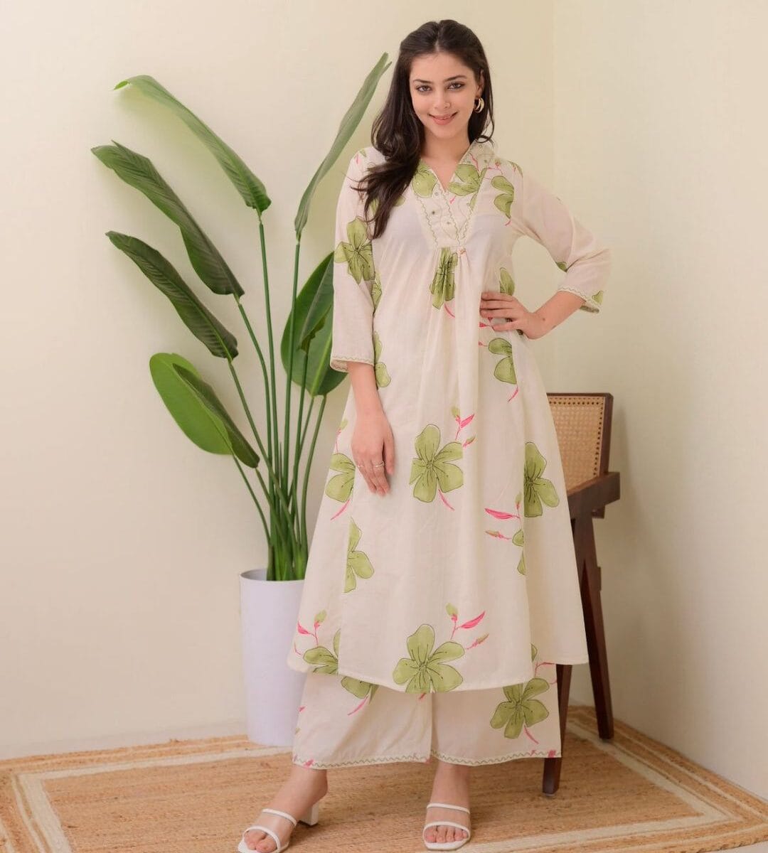 White Flared Kurti Pant Set