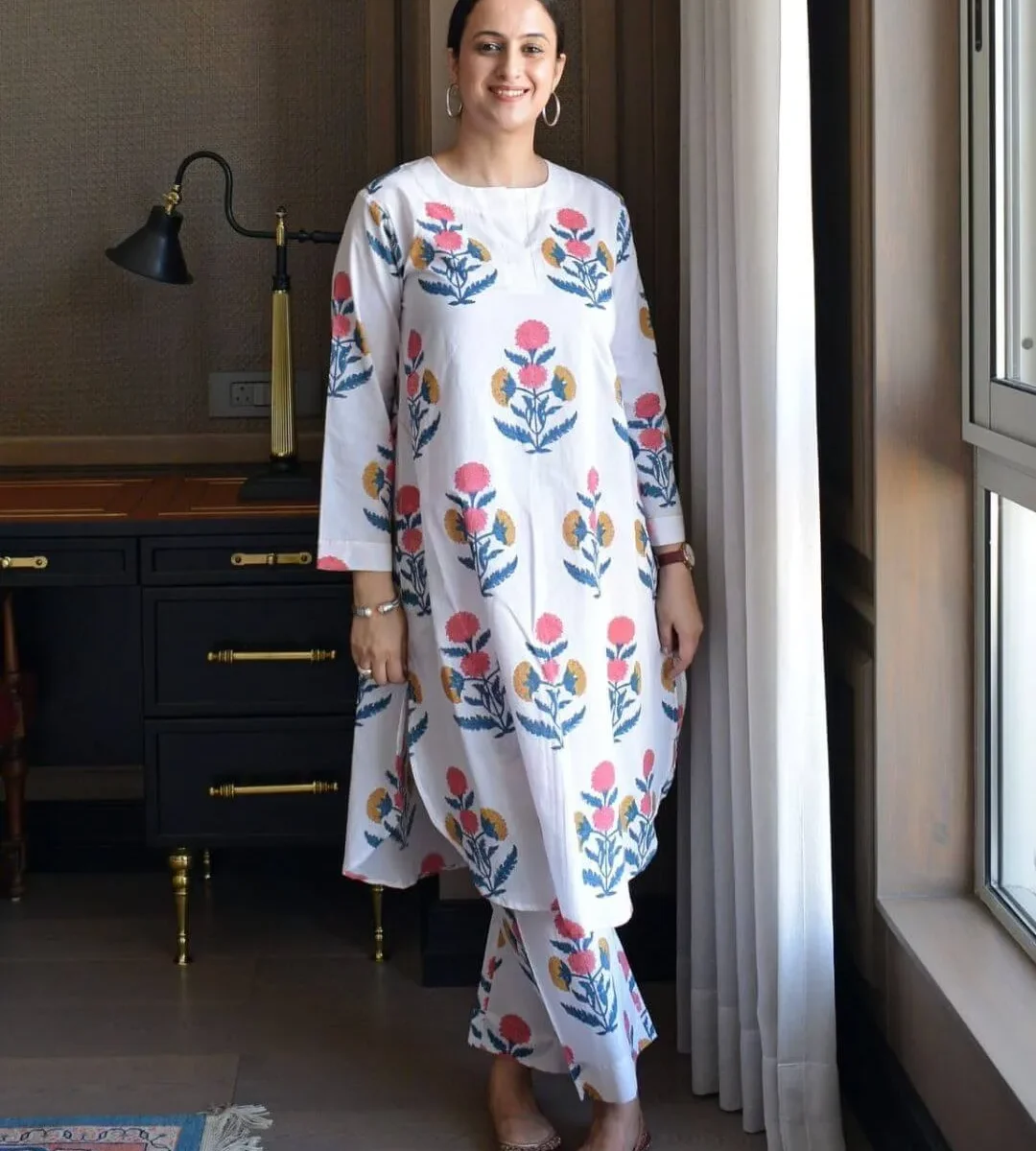 White Sanganeri Print Cotton Kurti Palazzo Set