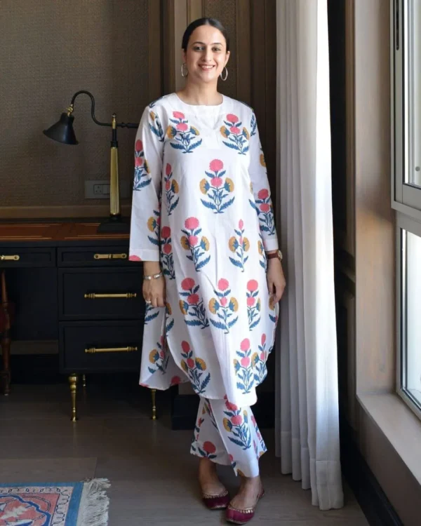 White Sanganeri Print Cotton Kurti Palazzo Set
