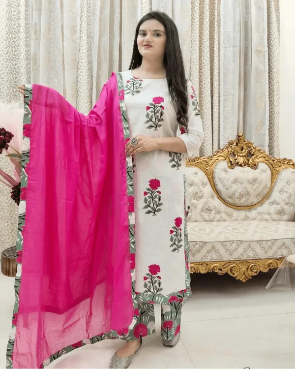 White Floral Cotton Suit Set with Dupatta