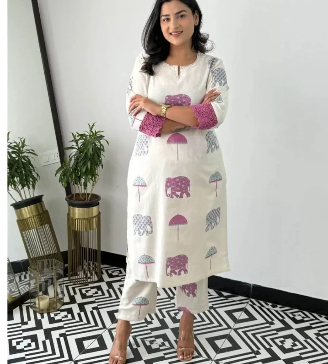 Elephant Print White Cotton Flex Kurti Pant