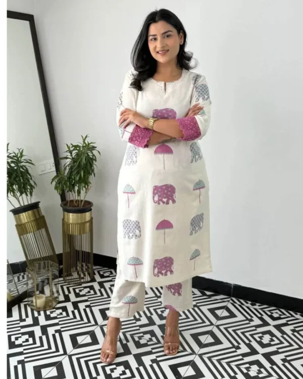 Elephant Print White Cotton Flex Kurti Pant