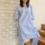 Cotton white blue stripe kurti with pant