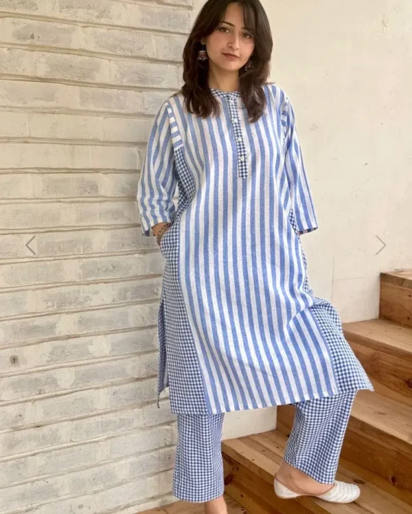 Cotton white blue stripe kurti with pant