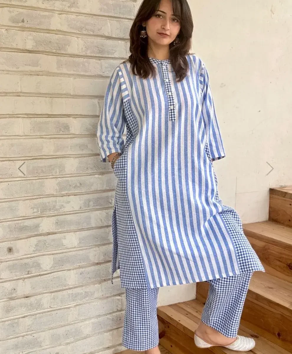 Cotton white blue stripe kurti with pant