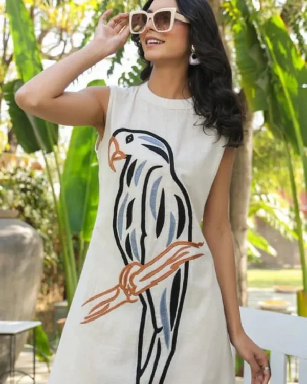 Sleeveless Parrot Embroidered South Cotton Kurti Set