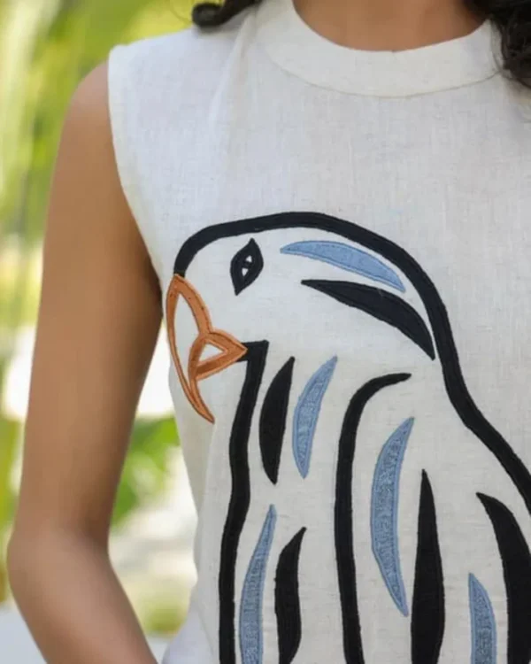 Sleeveless Parrot Embroidered South Cotton Kurti Set