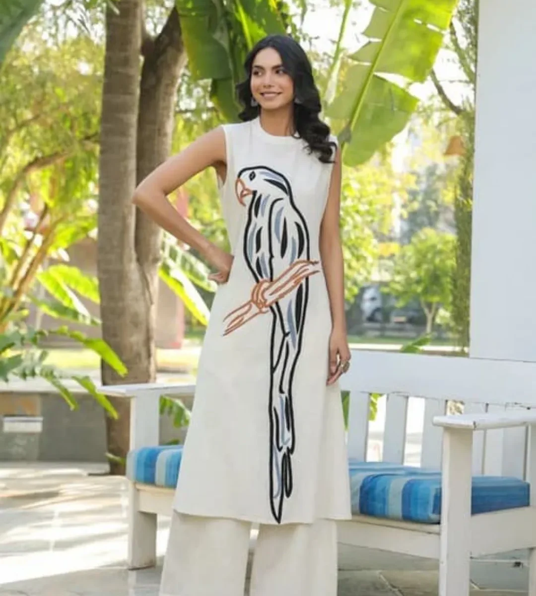 Sleeveless Parrot Embroidered South Cotton Kurti Set