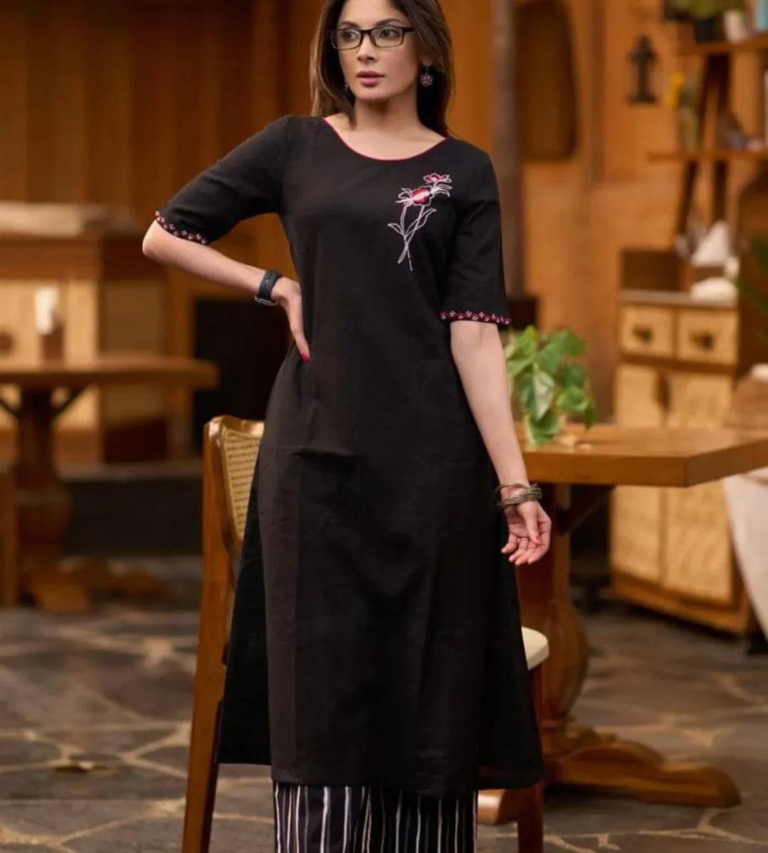 Black Cotton Kurti with Striped Pants