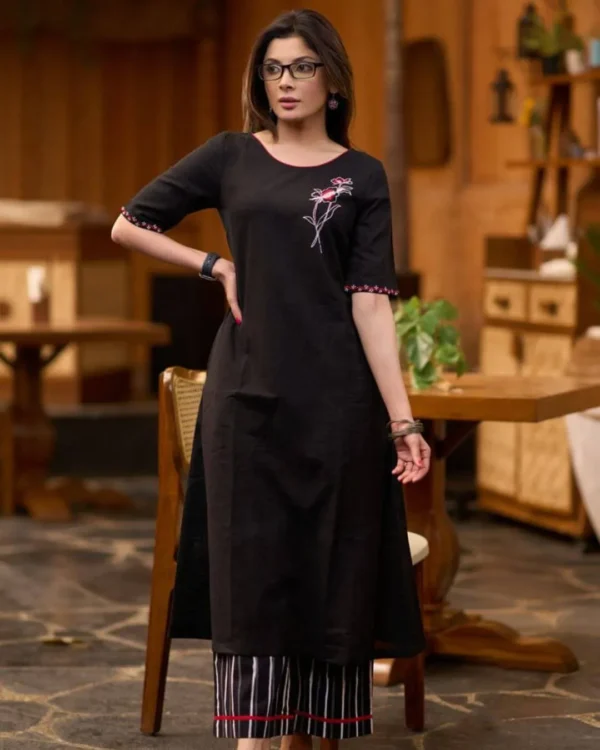Black Cotton Kurti with Striped Pants