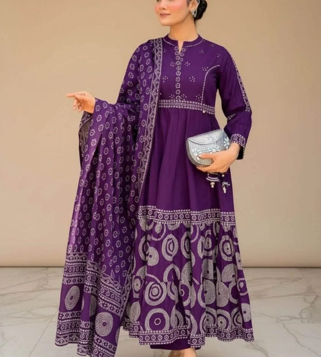 Purple Cotton Anarkali Suit Set with Dupatta