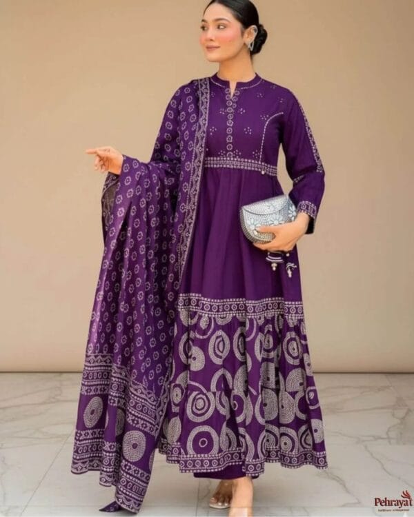 Purple Cotton Anarkali Suit Set with Dupatta